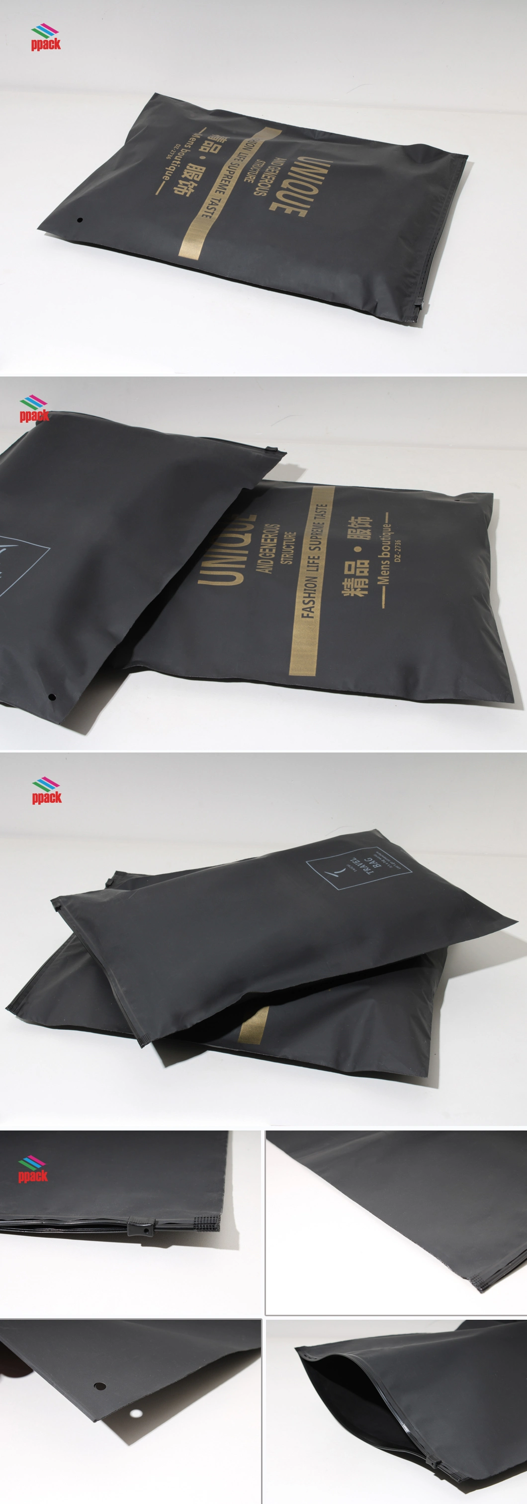 900factory Low Price Garment Zip Slide Black PE Froested Plastic Clothing Packaging Bag